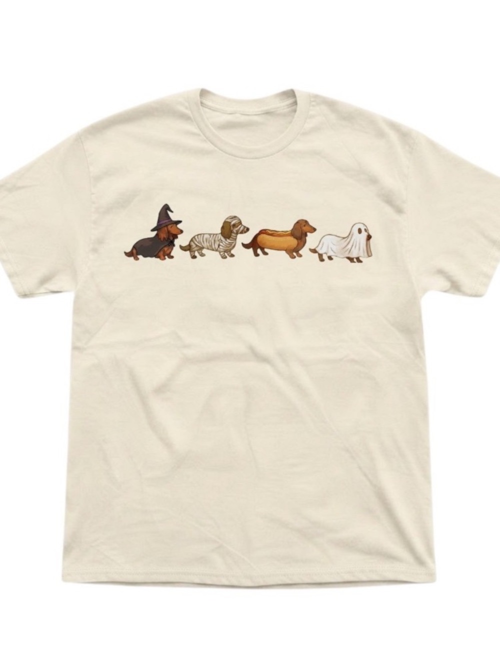 Off White Short Sleeve Tee with Dachshund Halloween Lineup